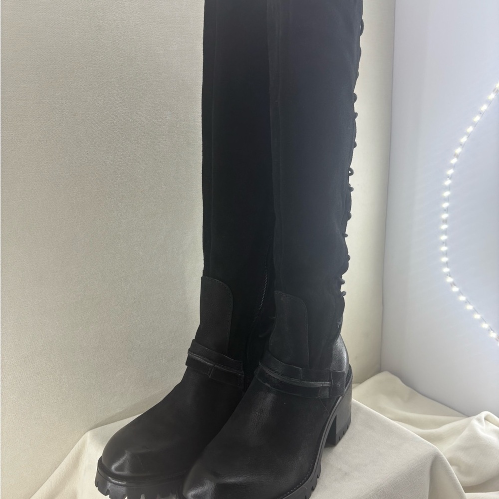 Miz Mooz Black Lace-Up Knee-High Heeled Boots - Picture 2 of 11